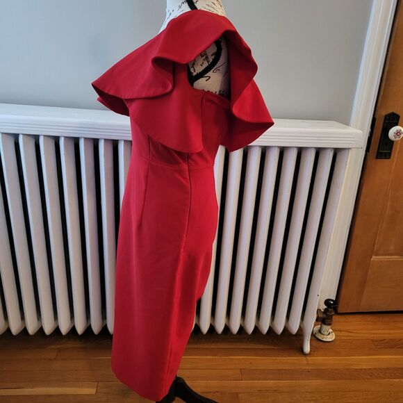 Zara One Shoulder Candy Apple Red Ruffled Pencil Dress Midi Length Holiday Sz M - Picture 5 of 13